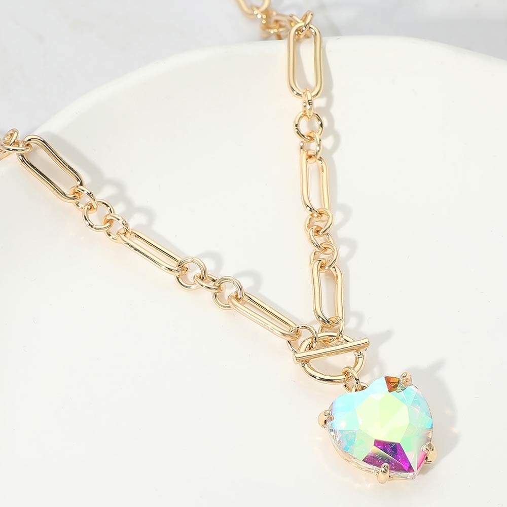 Gold Ab Heart Toggle Paperclip Link Crystal Pendant Necklace Jewelry Chain